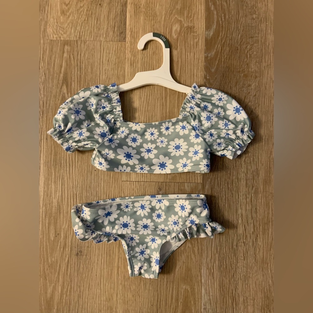 Wonder Nation Girl's Size 2T Green & Blue Floral Cap Sleeve Bikini